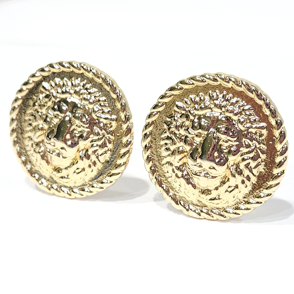 Vintage Versace Lion Coin Earrings 70s 80s Gold Tone Gianni Versace Clip Ons - Picture 5 of 17